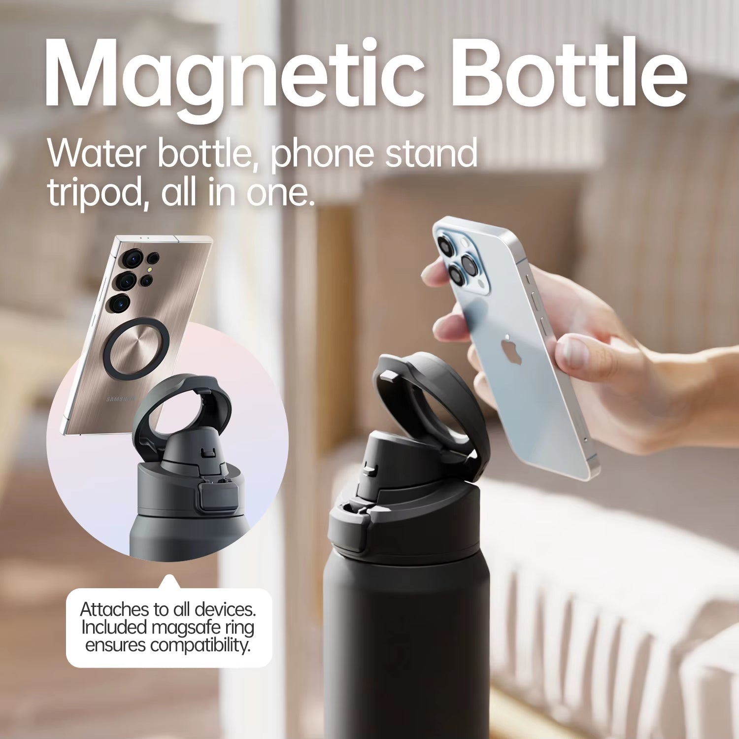 Fjbottle Magnetic Thermos Stainless Steel Sports Water Bottle with Magnetic Phone Holder Bouncing Cover Insulation Cup