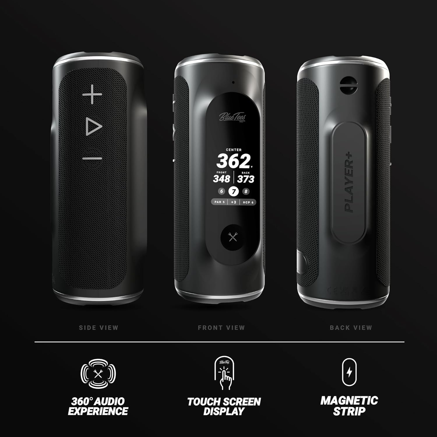 Player+ GPS Speaker with Touch Screen Display, 10+ Hours Battery, 40,000+ Courses, Visual + Audible Distance, Hazard Distance - IPX7 Waterproof (Navy)