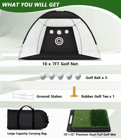 10 X 7Ft Golf Practice Net with Heavy Base Dual-Turf Mat, All-In-One Multi-Target Hitting Net, Chipping Training Nets for Backyard Driving, Dad Grandpa Boy Golfer Birthday Gift