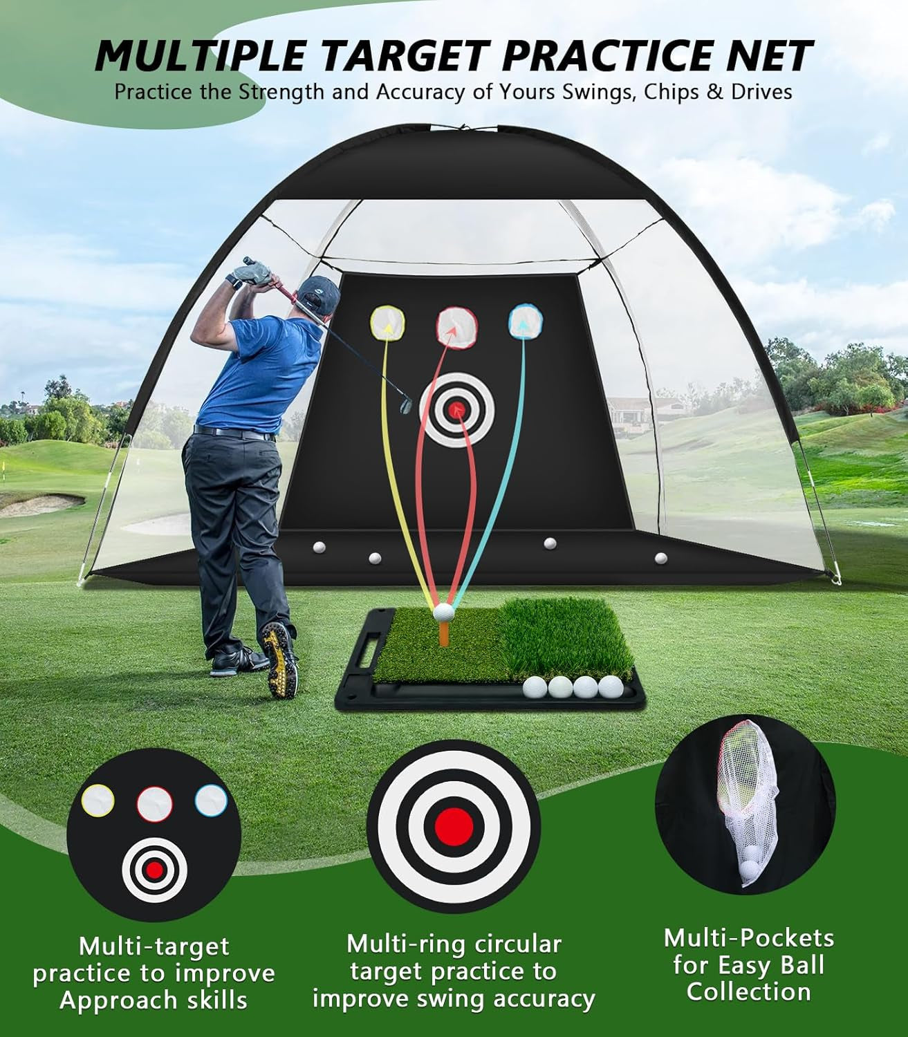 10 X 7Ft Golf Practice Net with Heavy Base Dual-Turf Mat, All-In-One Multi-Target Hitting Net, Chipping Training Nets for Backyard Driving, Dad Grandpa Boy Golfer Birthday Gift