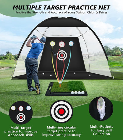 10 X 7Ft Golf Practice Net with Heavy Base Dual-Turf Mat, All-In-One Multi-Target Hitting Net, Chipping Training Nets for Backyard Driving, Dad Grandpa Boy Golfer Birthday Gift