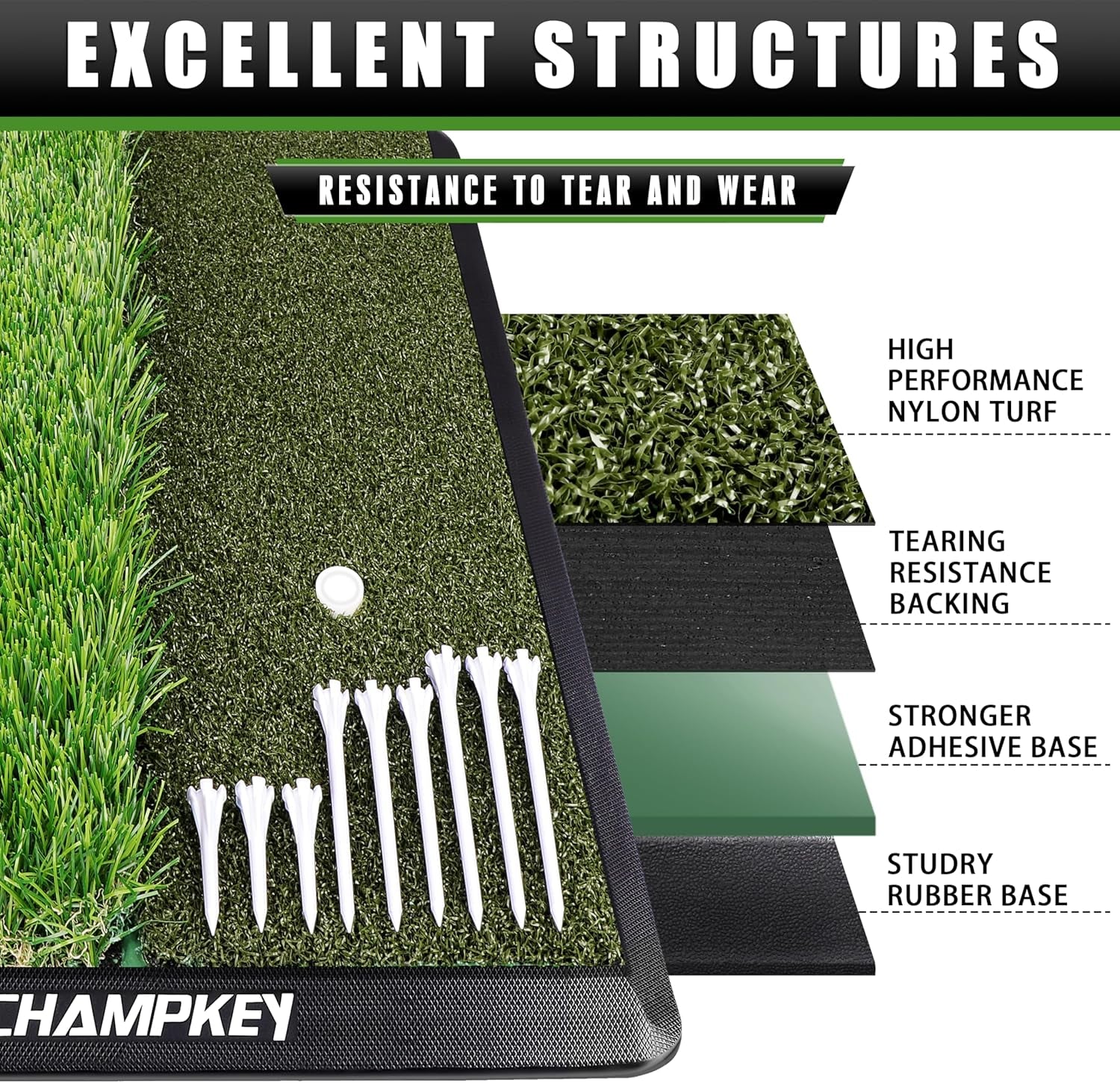 Dual-Turf Golf Hitting Mat | Come with 9 Golf Tees & 1 Rubber Tee | Heavy Duty Rubber Backing Golf Practice Mat Ideal for Indoor & Outdoor Training