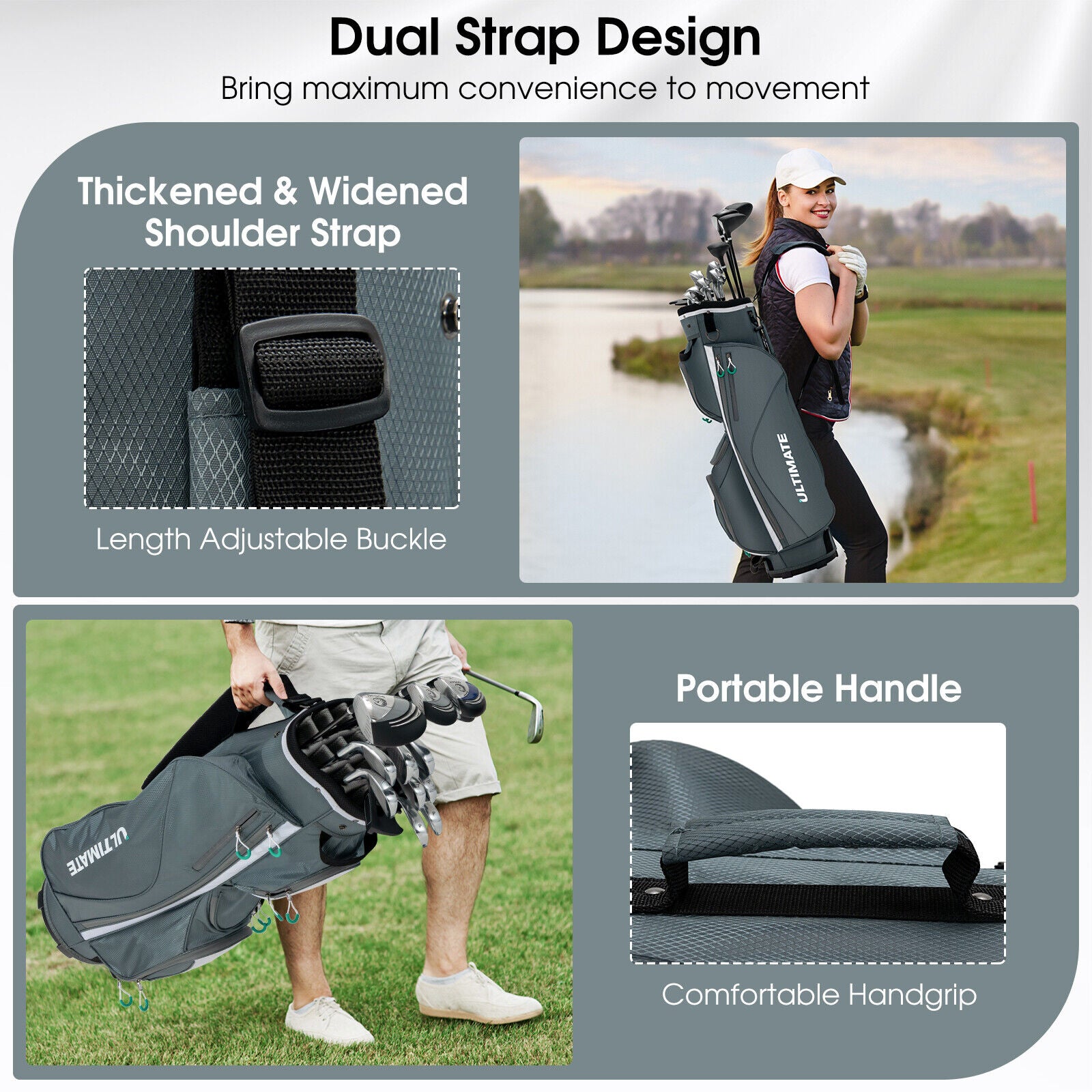14 Dividers Golf Cart Bag 7 Zippered Pocket Cooler Bag Rain Hood Valuable Bag