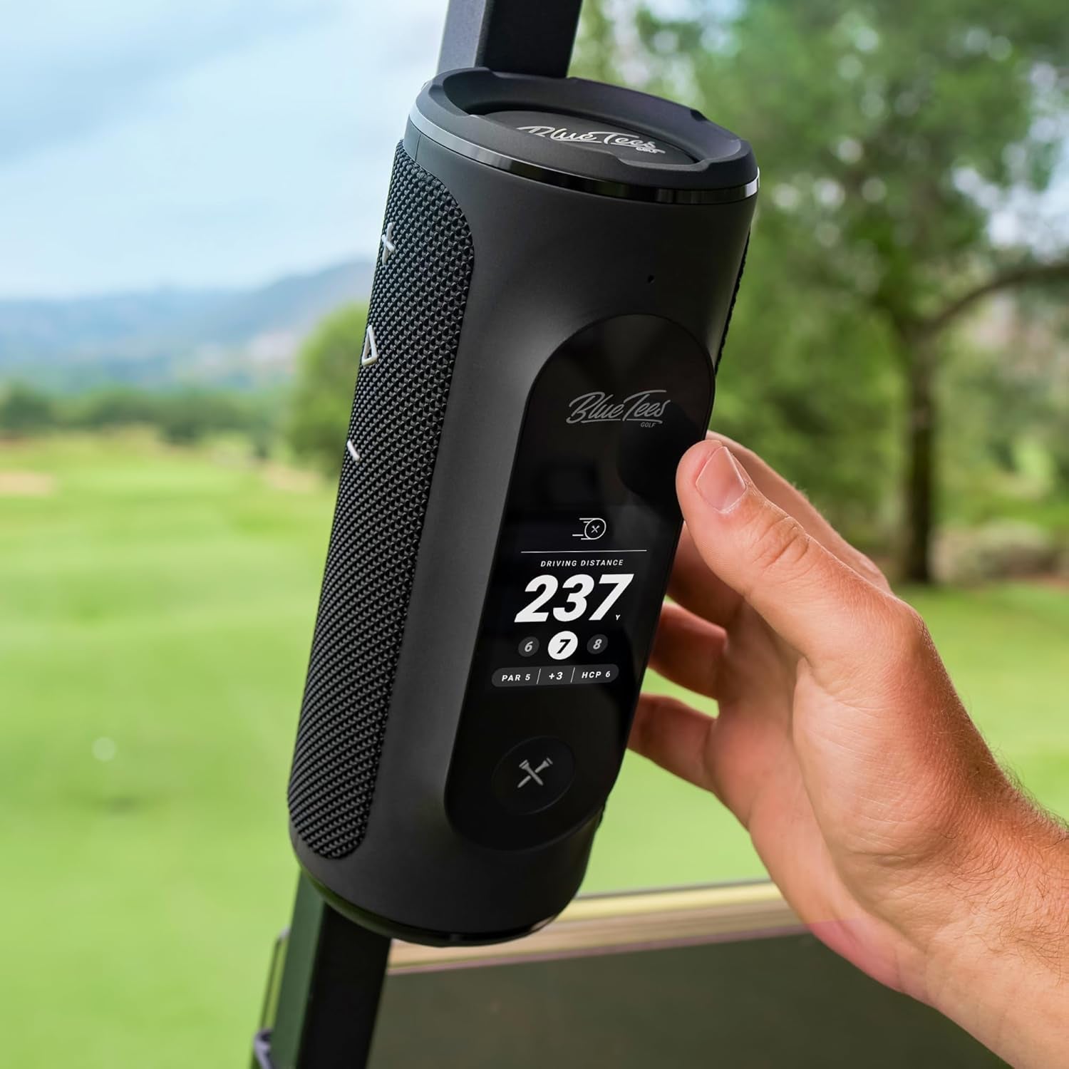 Player+ GPS Speaker with Touch Screen Display, 10+ Hours Battery, 40,000+ Courses, Visual + Audible Distance, Hazard Distance - IPX7 Waterproof (Navy)