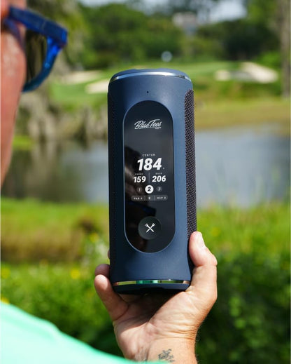 Player+ GPS Speaker with Touch Screen Display, 10+ Hours Battery, 40,000+ Courses, Visual + Audible Distance, Hazard Distance - IPX7 Waterproof (Navy)